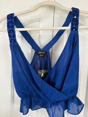 bebe Royal Blue Sheer Beaded Strap Crop Top